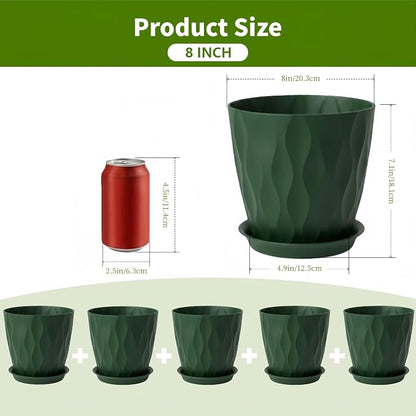 8 Inch Plastic Plant Pots for Plants with Drainage Holes and Saucer, 6 Pack | Planter for Indoor/Outdoor Plants, Modern Decorative Flower Pots for Home, Garden