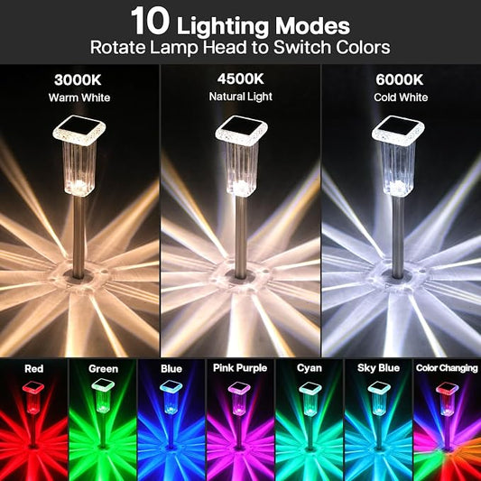 Solar Lights Outdoor 4 Pack LED Waterproof 10 Modes Pathway Outside Lights for Yard Garden Walkway Driveway Landscape Path Lighting, 3000K/4500K/6000K White & 6 Fixed Colors & Color Changing