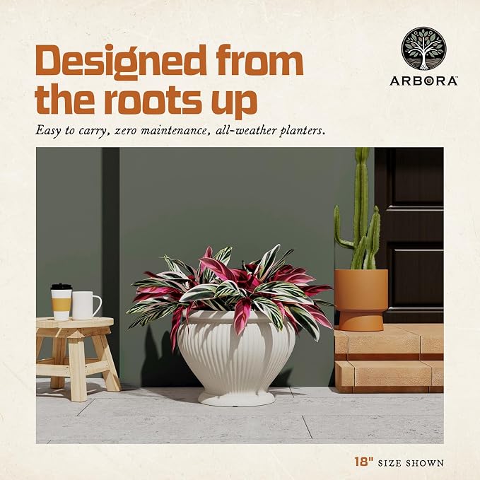 ARBORA 18" Cannes Urn Planter - Premium Polyresin Decorative Outdoor Planter with Drillable Drainage Hole for Optional Indoor Use, Lightweight, Weatherproof Plant Pot for Front Step, Garden, Deck