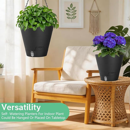8 Inch Hanging Planters Indoor Outdoor, 3 Pack Plastic Self Watering Plant Pots with Drainage Holes & Saucers, Hanging Baskets Flower Pots with Chain for Ivy, Spider Plant, Pothos, Ferns