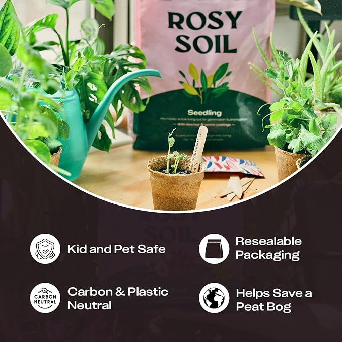 Rosy Soil Seedling Seed Starter Soil Mix, Organic, Peat-Free, 4 Quarts | Worm Castings, Biochar and Mycorrhizae Blend, For Seed Germination, Microgreens, Propagation, Herbs, Vegetables, Flowers