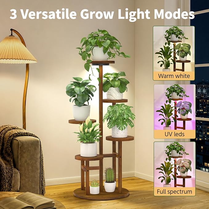 LASZOLA 5 Tiered Wood Plant Stand Indoor Corner with Grow Light, Flower Holder Rack Tall for Multiple Plants, Rustic Planter Shelf Display for Patio Garden Balcony Living Room， Brown