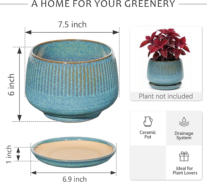 7.5 Inch Ceramic Planter with Saucer,Modern Garden Pots with Drainage Hole Mesh Net, for Indoor Outdoor Use (Crackle Blue)