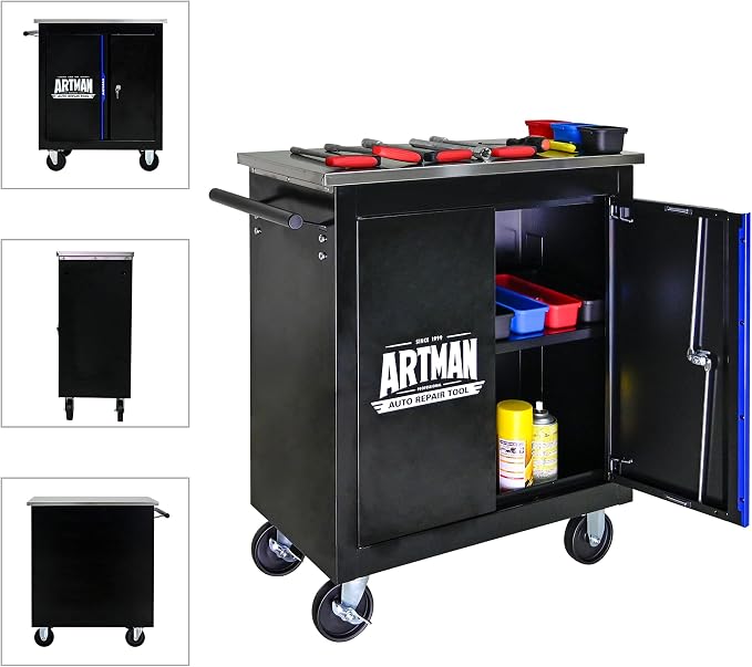 Heavy Duty Rolling Tool Chest,Lockable Stainless Top for Garage,Black&Blue | Mobile Workbench with Adjustable Shelf, Roll Around Tool Cabinet for Workshops and Auto Repair