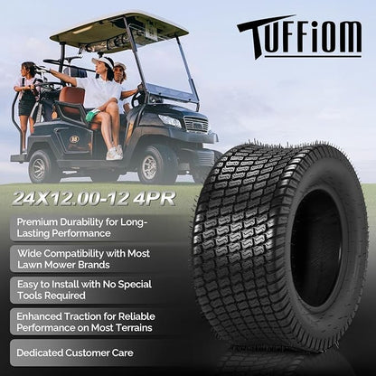 TUFFIOM 24x12.00-12 Lawn Mower Tires Set of 2, 8PR Turf Tire Lawn & Garden Tires, Compatible With Most Lawn & Garden Utility Vehicles, Tubeless