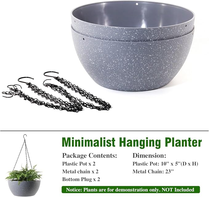 WSMKSZ 10 inch Hanging Planters for Outdoor Indoor Plants with Drainage Holes and Chain, 2 Pack Round Hanging Flower Plant Pots for Garden Home Porch Decor, Speckled Grey
