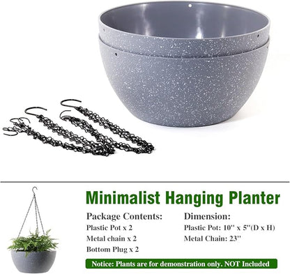 WSMKSZ 10 inch Hanging Planters for Outdoor Indoor Plants with Drainage Holes and Chain, 2 Pack Round Hanging Flower Plant Pots for Garden Home Porch Decor, Speckled Grey