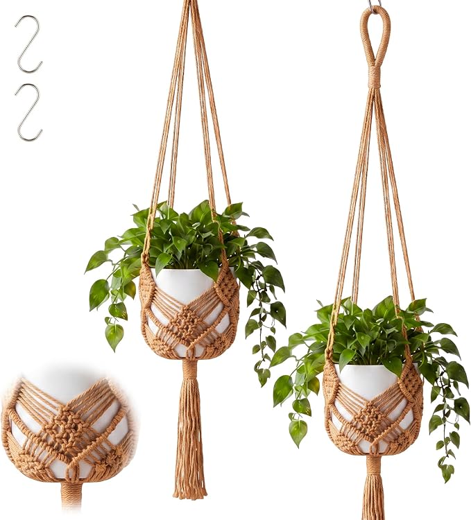 Shappy 2 Pack Boho Macrame Plant Hanger, Large Hanging Planter Plant Holder Pot Hanger Hanging Basket Wall Planters, Plants Lover Gift for Indoor Garden (Diamond Knot Macrame,Jute Color)