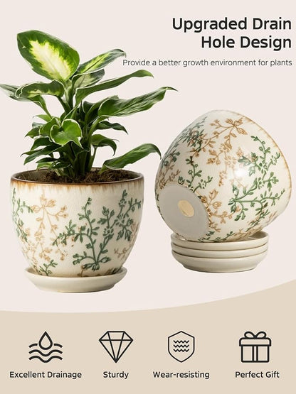 Retro Ceramic Garden Pots, 5.8 Inch Plant Pots with Drainage and Attached Saucer Set of 4, Chinoiserie Floral Large Flower Pots for Home Decor, Plant Lover Gifts, White Green