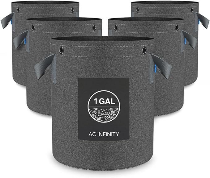AC Infinity Heavy Duty Fabric Pots, 1 Gallon Aeration Reusable Grow Bags 5-Pack with 500G Thick Nonwoven Fabric and Multi-Purpose Rings, for Low Stress Plant Training Fruits, Vegetables, and Flowers