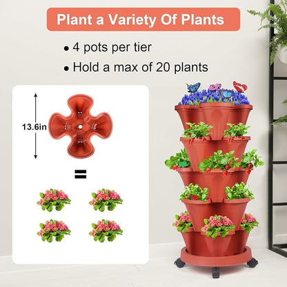 GameXcel Vertical Planter, 5 Tier Stackable Strawberry Planter with Garden Tool Set, Movable Indoor/Outdoor Garden Herb Pot for Growing Vegetables and Succulents, Red