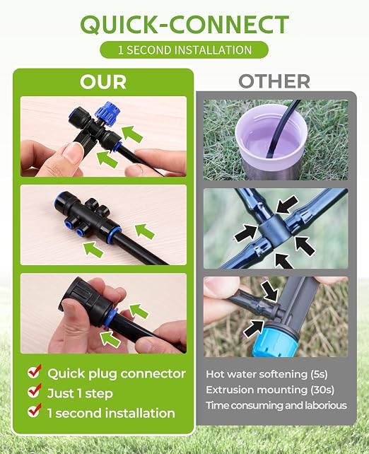 HIRALIY 100FT Drip Irrigation Kit with Timer, Quick-Connect Garden Watering System with 80FT 1/4" Tubing, 20FT Main Hose, 24 Adjustable Drippers for Raised Beds, Lawn & Greenhouse