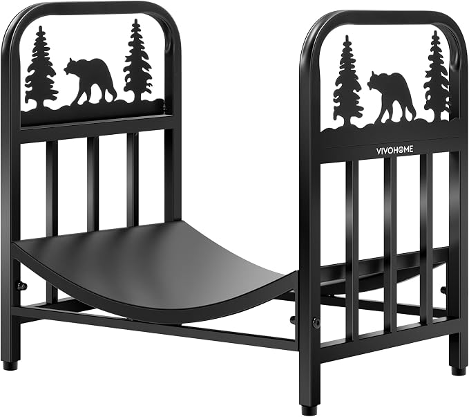 VIVOHOME 16.5 in Decorative Firewood Storage Log Rack with Bear Pattern, Solid Wrought Iron Fireplace Wood Holder Stacker, Indoor Outdoor Waterproof Rustproof