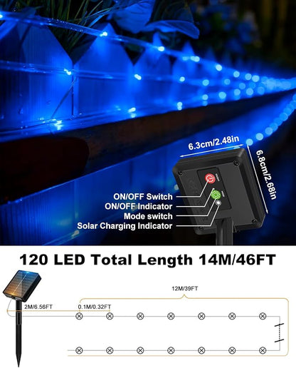 btfarm Solar Rope Lights, 120LED 46FT Solar String Lights Outdoor Waterproof, 8 Lighting Modes Solar Powered Strip Trampoline Light for Outside Garden Tree Christmas Yard Patio Decor, Blue