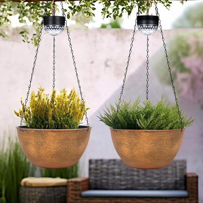 SUNNYPARK 2 Pack Solar Hanging Planters for Plants Outdoor | Self Watering, Bronze Flower Pots with Solar Light, Hanging Garden Planters with Drainer for Balcony Patio Outdoor Decor