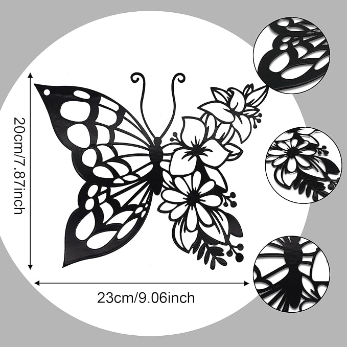 EZ4ENCE Butterfly Decoration Wall Art Boho Home Decor Hanging Appearance Metal Flower for Bedroom Living Room Wall,Black(Medium)