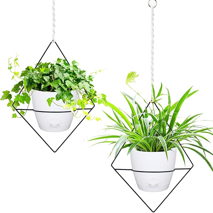 Koalaime Hanging Planters for Indoor Plants, 2 Set Self Watering Hanging Flower Pots, Modern Hanging Plant Baskets with Metal Plant Holder & 6.5 Inch Plastic Pots for Garden Home Decor (White)