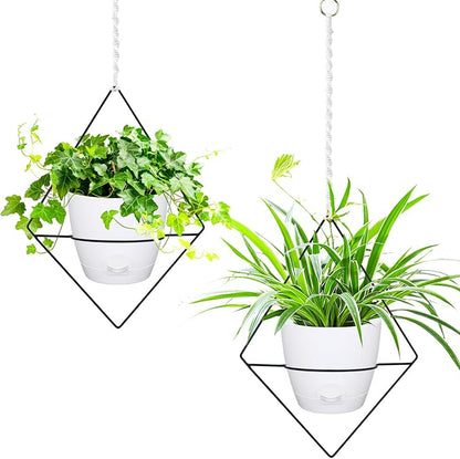 Koalaime Hanging Planters for Indoor Plants, 2 Set Self Watering Hanging Flower Pots, Modern Hanging Plant Baskets with Metal Plant Holder & 6.5 Inch Plastic Pots for Garden Home Decor (White)