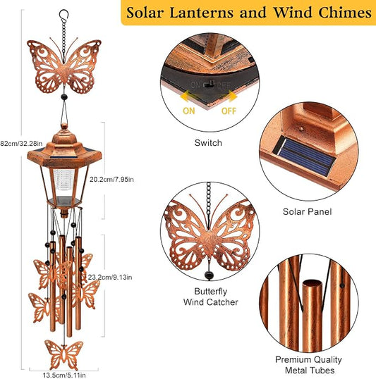 Large Solar Butterfly Wind Chimes, Gift for Women Mom Grandma Wife Sister Daughter Neighbor, Classic Bronze Wind Chimes With Wind Catcher, Solar Decor Lights For Outdoor Garden Patio Yard Porch Window