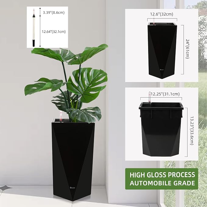 Dexceder 24 Inches Self Watering Tall Planter (Black) | Diamond High Gloss, Thickened Rhombus Large Floor Standing Flower Plant Pot with Water Level Indicator Indoor Outdoor