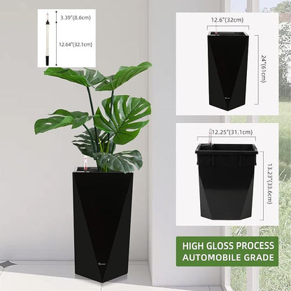 Dexceder 24 Inches Self Watering Tall Planter (Black) | Diamond High Gloss, Thickened Rhombus Large Floor Standing Flower Plant Pot with Water Level Indicator Indoor Outdoor