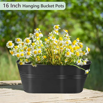 16 Inch 4 PCS Metal Hanging Flower Pots for Railing Fence, Large Railing Planters for Outdoor Plants, Fence Hanging Planters with Detachable Hooks for Garden Balcony