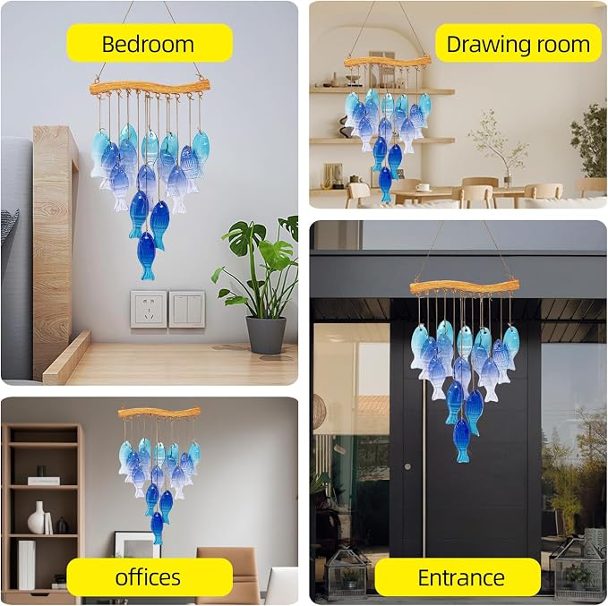 Wind Chimes Blue Glass Sea, Garden Wind Chime for Home, Beach Party, Festival Decor, Glass Garden Patio Yard Porch Decoration Indoor/Outside, Lifelike Fish Style