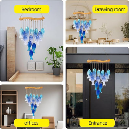 Wind Chimes Blue Glass Sea, Garden Wind Chime for Home, Beach Party, Festival Decor, Glass Garden Patio Yard Porch Decoration Indoor/Outside, Lifelike Fish Style
