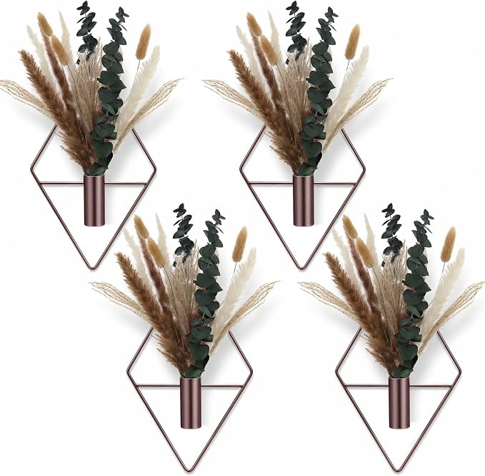 Jexine 8 Pcs Hanging Planters with Artificial Pampas Metal Hanging Vase Indoor Plants Holder Modern Geometric Boho Bathroom Wall Decor for Living Room Home Office(Bronze)