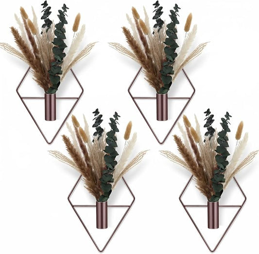 Jexine 8 Pcs Hanging Planters with Artificial Pampas Metal Hanging Vase Indoor Plants Holder Modern Geometric Boho Bathroom Wall Decor for Living Room Home Office(Bronze)