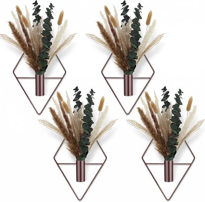 Jexine 4 Pcs Hanging Planters with Artificial Pampas Metal Hanging Vase Indoor Plants Holder Modern Geometric Boho Bathroom Wall Decor for Living Room Home Office, Bronze
