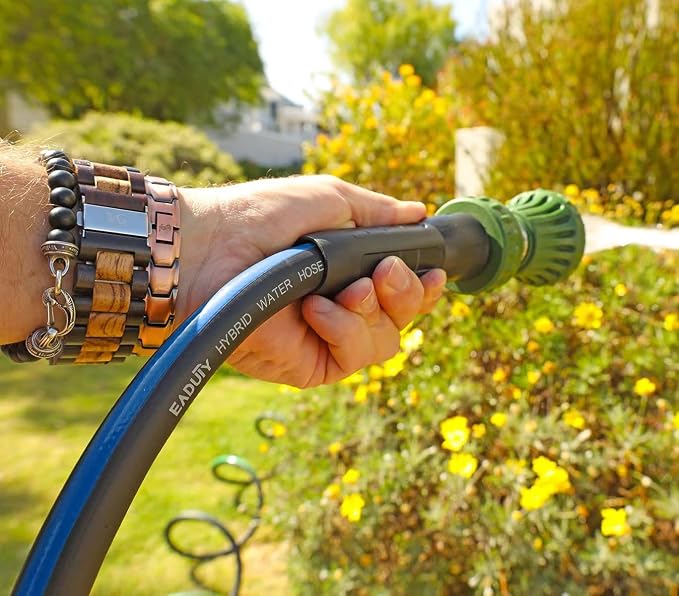 Hybrid Garden Hose 5/8 IN. x 25 FT, Heavy Duty, Lightweight, Flexible with Rotatable Grip Handle and Solid Brass Fittings, Gray+Blue