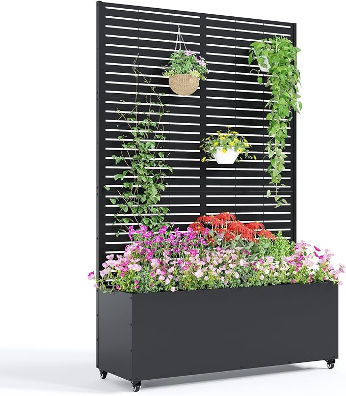 GarveeLife Metal Planter Box with Trellis and Wheels, 71"x47"x16" Raised Garden Bed for Climbing Plants, Vegetables, Vines, Privacy Planters for Patio with Drainage Holes, 15.7" Deep Planting Bed