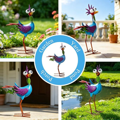 Metal Wacky Rooster Garden Statue for Patio, Backyard, Lawn | 17'' Rooster Decor, Yard Statue Decorations Outdoor, Chicken Yard Art, Blue & Purple