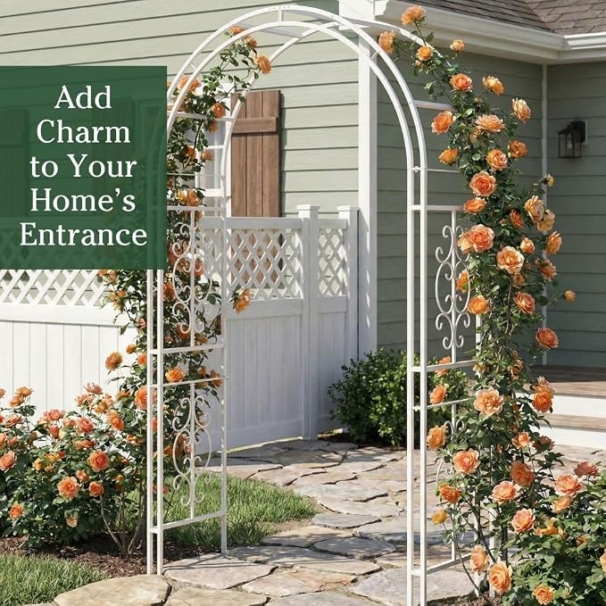 Plow & Hearth Arch Metal Outdoor Garden Arbor Montebello White, 7 Feet Tall, Iron Trellis Lattice for Climbing Plants, Wedding Arch, Outdoor Patio Décor