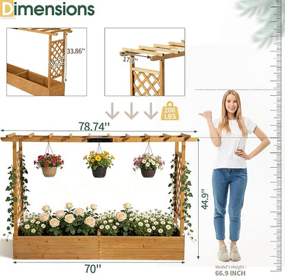 VINGLI Raised Garden Bed with Trellis & Hanging Roof, Wooden Planter Box with Drainage Holes for Outdoor Climbing Plants Vegetables Flowers, Patio Yard Balcony (Natural, Longer)