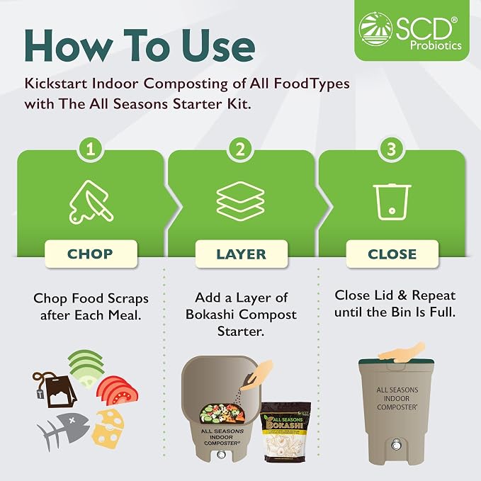 All Seasons Indoor Composter Starter Kit – 4.4 Gallon Black Organko Compost Bin for Kitchen Countertop with Scoop, Cup, Presser & 2 lbs. (1 Gallon) of Bokashi, 77% Recycled Plastic by SCD Probiotics