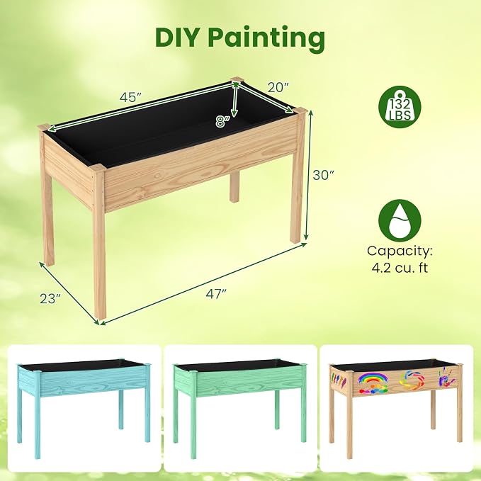 S AFSTAR 2 Pieces Wooden Raised Garden Bed with Legs, Planter Box with Liner & Drainage Holes for Vegetable Flower Herb, Indoor Outdoor Elevated Gardening Box for Backyard Patio Balcony