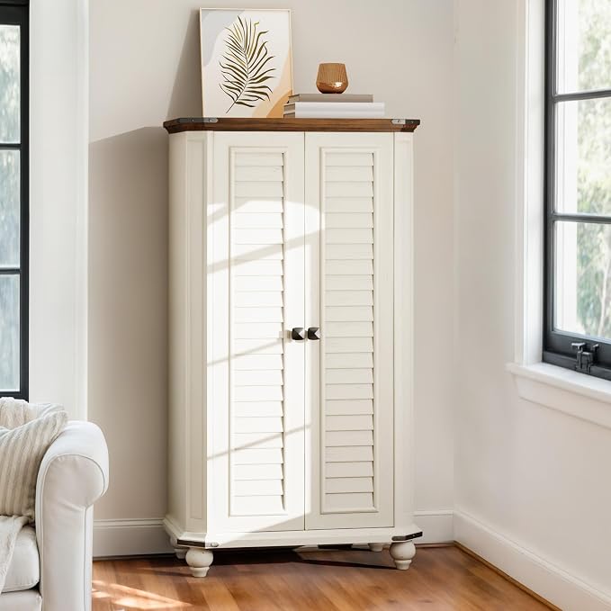 DWVO 4-Tier Storage Cabinet, 45.2" Farmhouse Kitchen Pantry Cabinet wth 2 Shutters-Doors & Adjustable Shelves, Wooden Tool Cabinet for Dining Room, Bathroom, Living Room, Laundry Room, Office, White | 4-Tier Storage Cabinet, Adjustable Shelves, Wooden ...