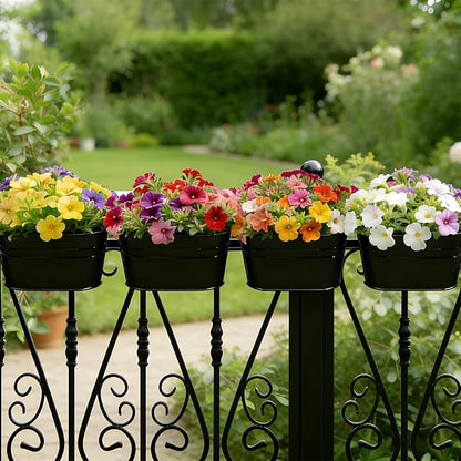 RIOGOO Flower Pots Metal Iron Hanging Flower Pots Garden Pots Balcony Planters Metal Bucket Flower Holder Wall Hanging Decorative Pot - Removable Hook (4 Pieces) (Black)