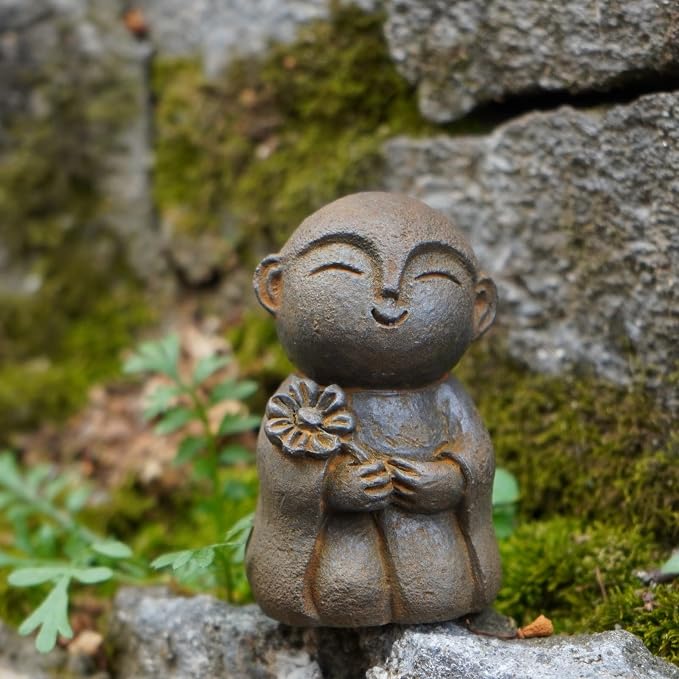 OwMell Japanese Jizo Monk Statue, Buddha Jizo Figurine Memorial Aquarium Statue Ornament - Flower Iron