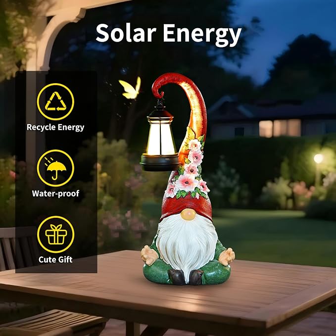 Zen Garden Gnomes Statues Solar Lights Figurine Outdoor Lantern | Lawn Porch Patio Yard Decor, Balcony Home, Birthday Gifts for Grandma Mom Women Sisters