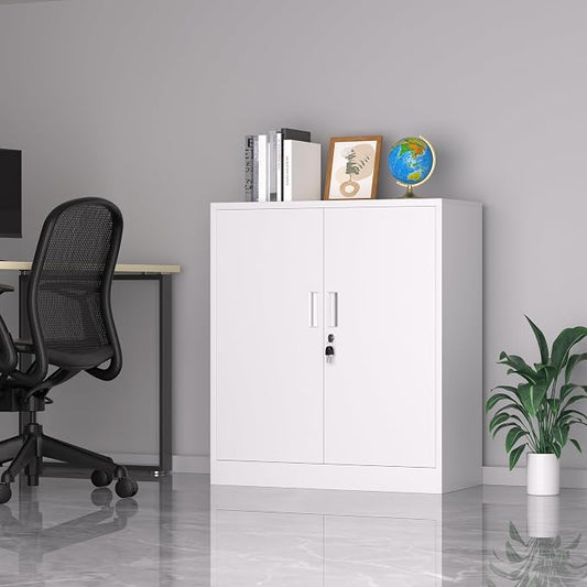 iJINGUR Metal Storage Cabinet with Locking Doors and 2 Adjustable Shelves, Small Lockable Storage Cabinet for Home Office Garage (White)