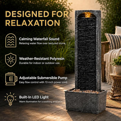 Teamson Home 38.5" Faux Slate Contemporary Outdoor LED Waterfall Fountain with Pebble Base, Gray/Black | Contemporary, Pebble Base