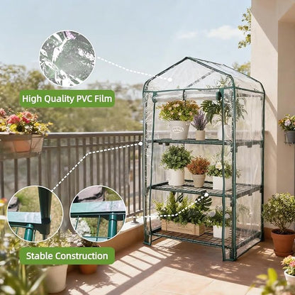 Mini Greenhouse for Indoor Outdoor, Small Plants Green House with 3 Tier Shelves, Portable Plastic Greenhouses with Transparent PVC Cover for Garden Backyard Patio Balcony Porch