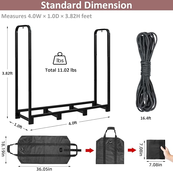 Firewood Rack with Log Carrier, 4FT Outdoor Wood Rack for Firewood, Heavy Duty Firewood Log Rack for Fireplace Fire Pits