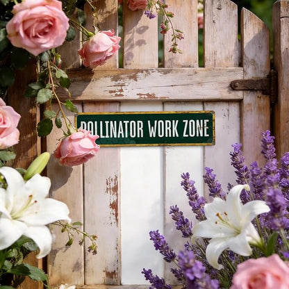 Garden Metal Tin Sign, Pollinator Work Zone Sign, Rustic Garden Outdoor Wall Decor, for Porch Patio Yard Fence, Vintage Farmhouse, for Nature Lovers, 15.7 x 3.9 Inches
