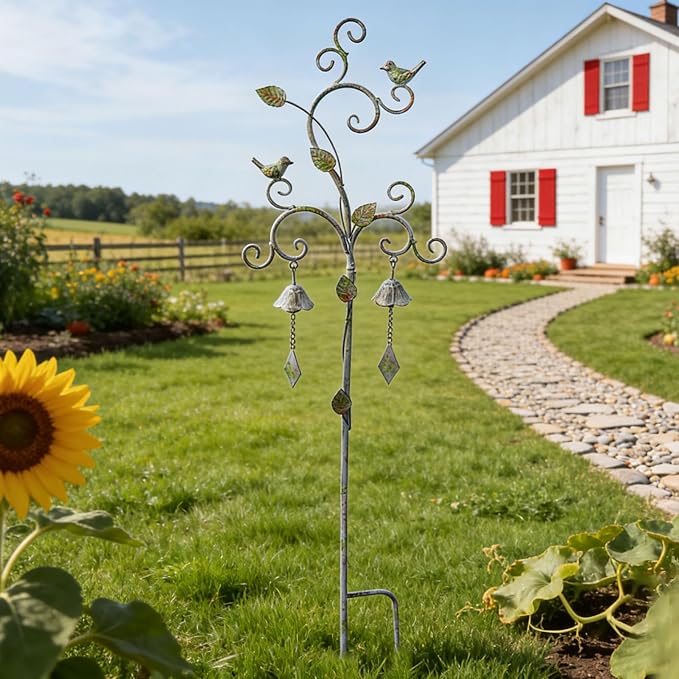 Decorative Garden Stakes for Outside,Metal Outdoor Garden Decor with Bells | 45.7"H Wind Chime Stakes for Outside,Bird Metal Garden Art for Garden,Flower Beds, Patio.