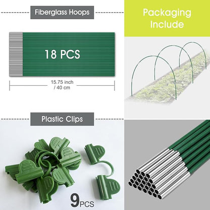 RIFNY 18 PCS Garden Hoops for Raised Beds, 8 Sets Greenhouse Hoops Kit of 8 FT Long Grow Tunnel, Rust-Free Fiberglass Garden Support Poles for Insect Mesh Netting Freeze Plant Cover (Green)