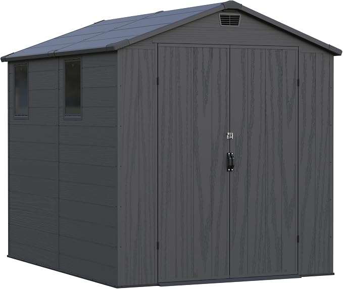 Greesum 6x8FT Plastic Outdoor Storage Shed with Floor, Resin Sheds with Lockable Double Door, Tool Sheds with Window and Vents, for Garden, Yard, Patio, Dark Gray